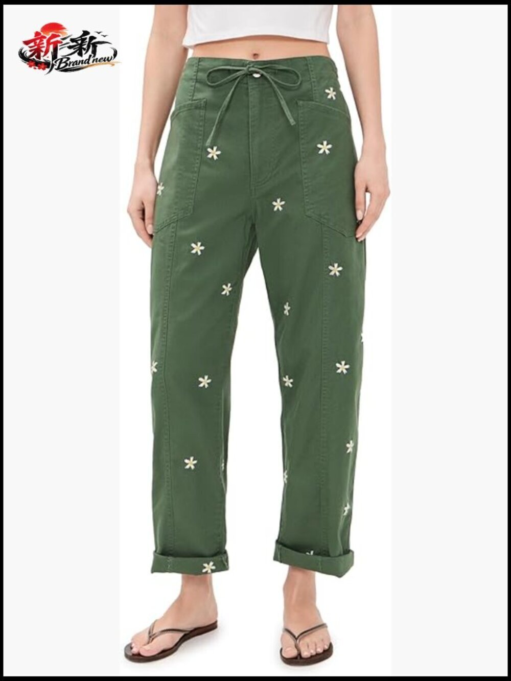 Women's Drawstring Pants with Floral Embroidery, Lightweight Stretch Canvas